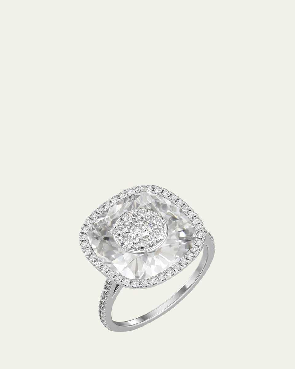 18K White Gold 13mm Cushion-Cut Ring with Diamonds, Size